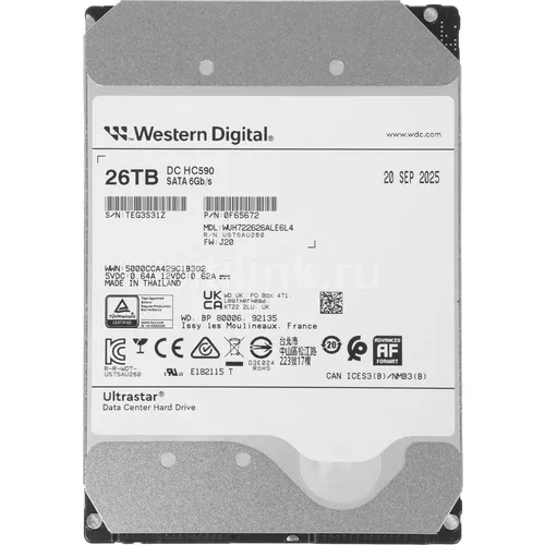 Жесткий диск WD Ultrastar DC HC590 WUH722626ALE6L4, 26ТБ, HDD, SATA III, 3.5" [0f65672]