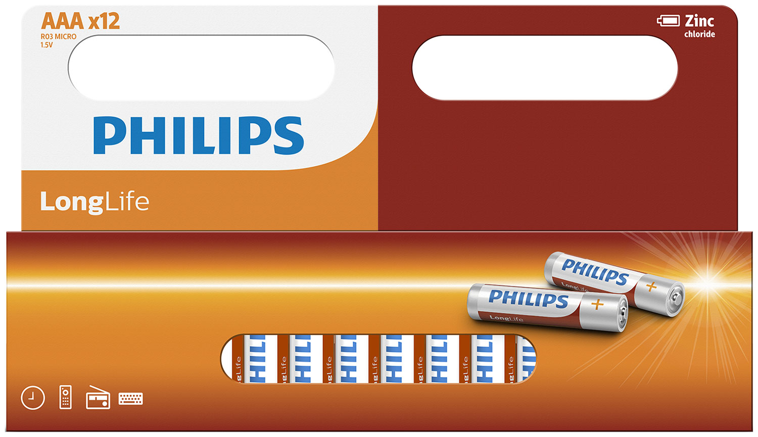 Батарейки цинково-хлоридные Philips Longlife, 12AAA, в коробке с окном (R03L12B/97)