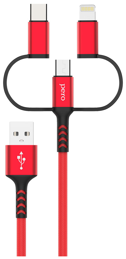 Дата-кабель Pero DC-06 Universal 3 in 1 Lightning/micro USB/Type-C 3А 1м красный