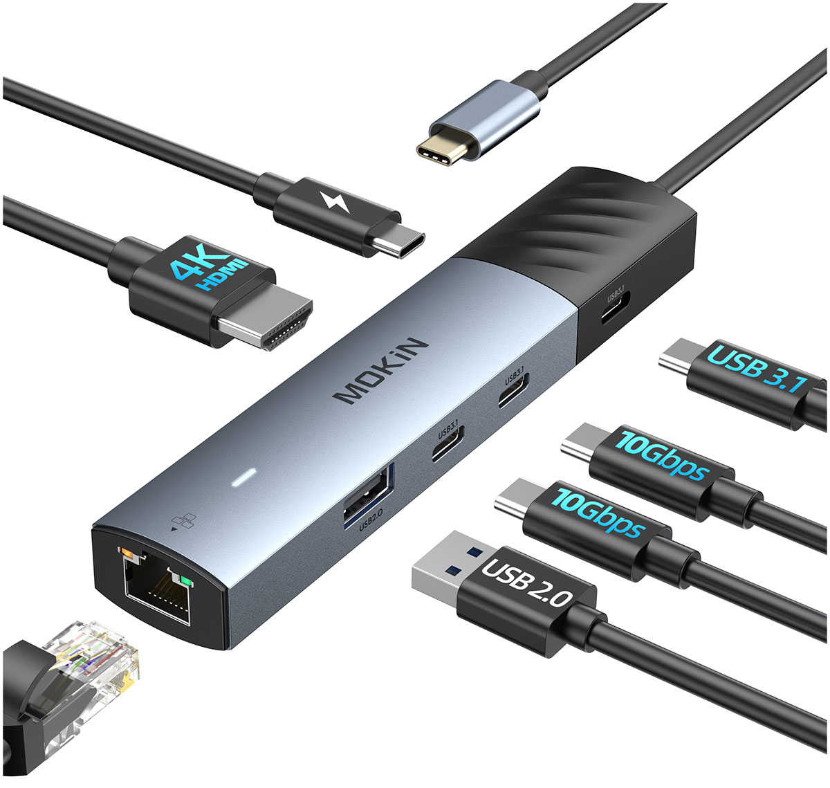 Универсальный адаптер Mokin MOUC6001, HDMI, USB C x 3, USB A, USB C PD, RJ45 to Type C
