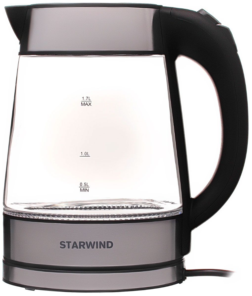 Чайник электрический Starwind SKG3311, 1.7л., 2200Вт, черный/серебристый (стекло/металл/пластик)