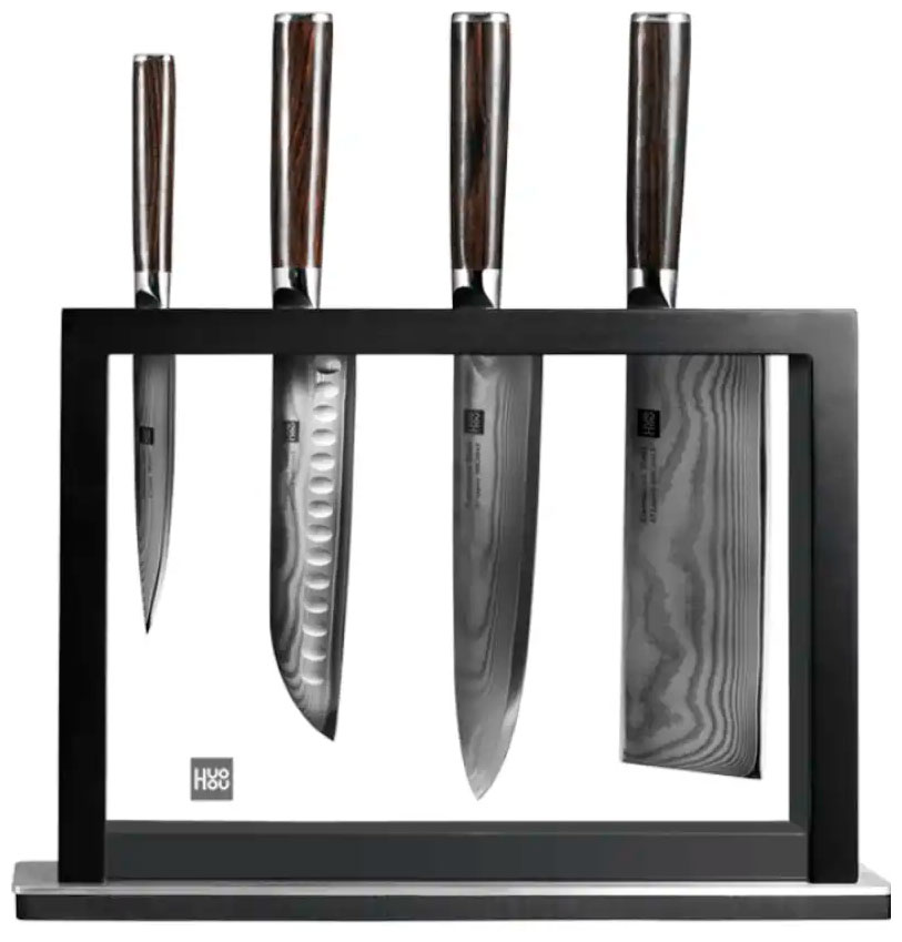 Набор кухонных ножей из дамасской стали (4 ножа подставка) Huo Hou Damascus Kitchen KnifeSet (HU0073), черный