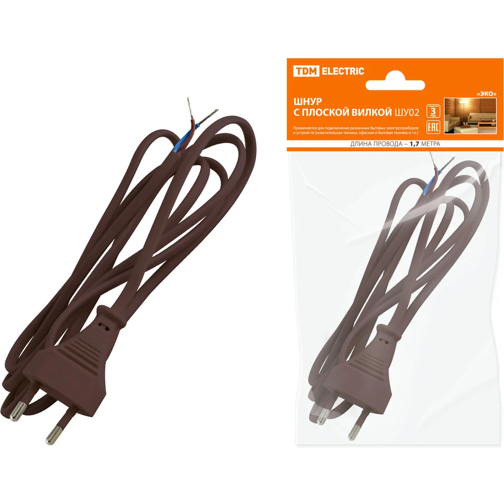 Шнур TDM ELECTRIC с плоской вилкой ШУ02 ШВВП 2х0,75мм2 1,7 м. коричневый ЭКО SQ1305-0016