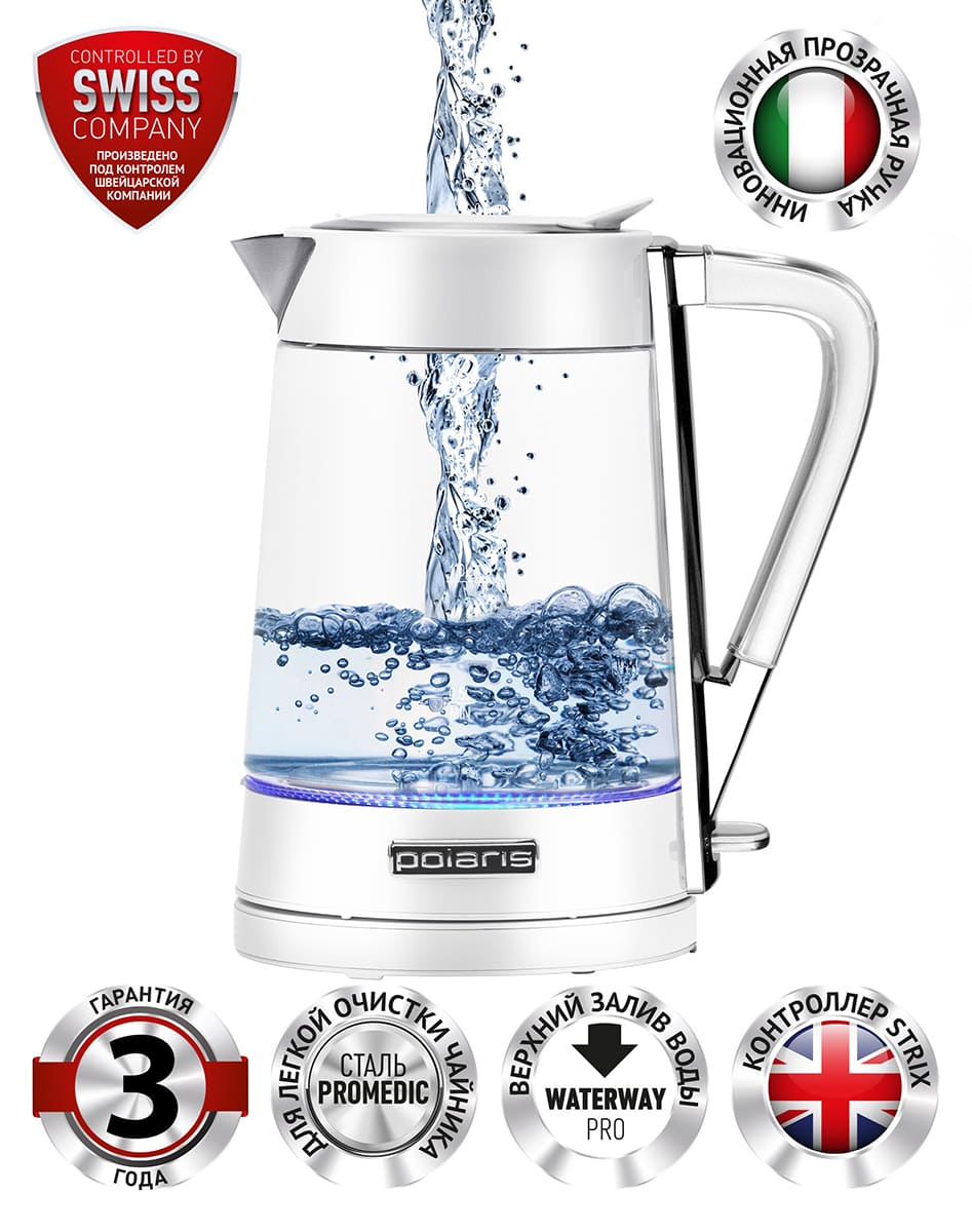 Чайник электрический Polaris PWK 1715 CGL Water Way Pro белый
