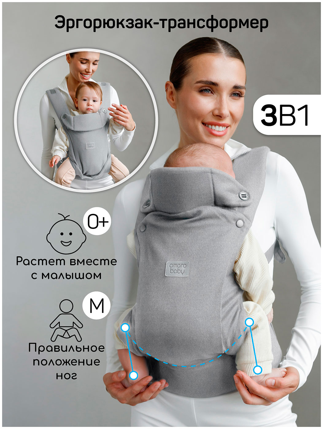 Эргорюкзак 3в1 Amarobaby Near, серый