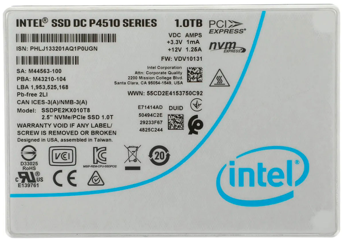 Серверный накопитель SSD Intel 2.5 U.2 DC-P4510 1000 Гб PCIe TLC (SSDPE2KX010T807)