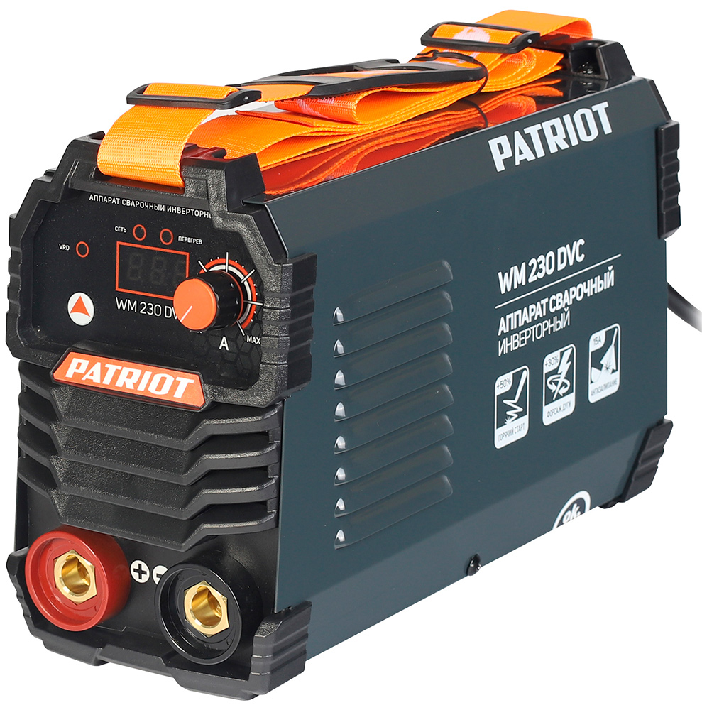 Аппарат сварочный инверторный Patriot WM230DVC, MMA, входное напряжение: 1ф140-240В, сварочный ток макс: 230A, ПВ при макс. токе: 70%, дисплей кейс AR