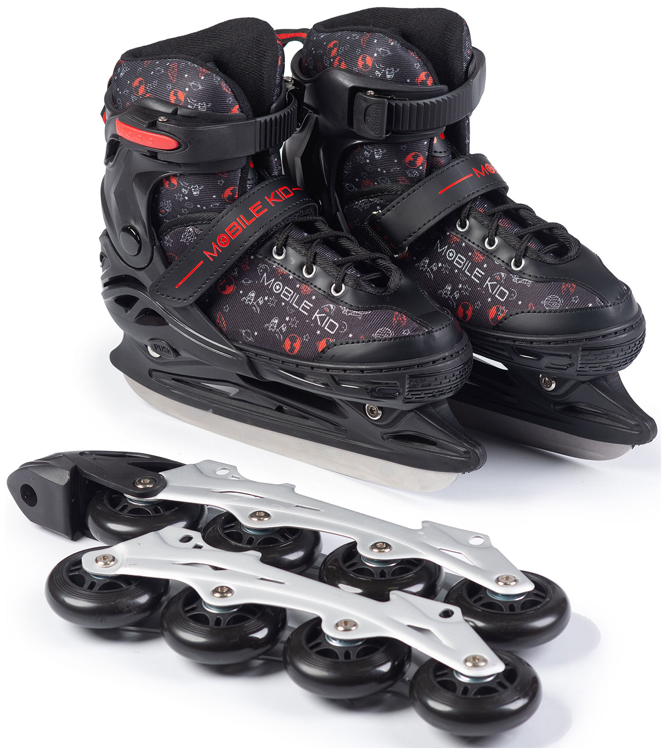 Коньки-ролики Mobile Kid (2 в 1) UNI SKATE, размер L, черно-красные