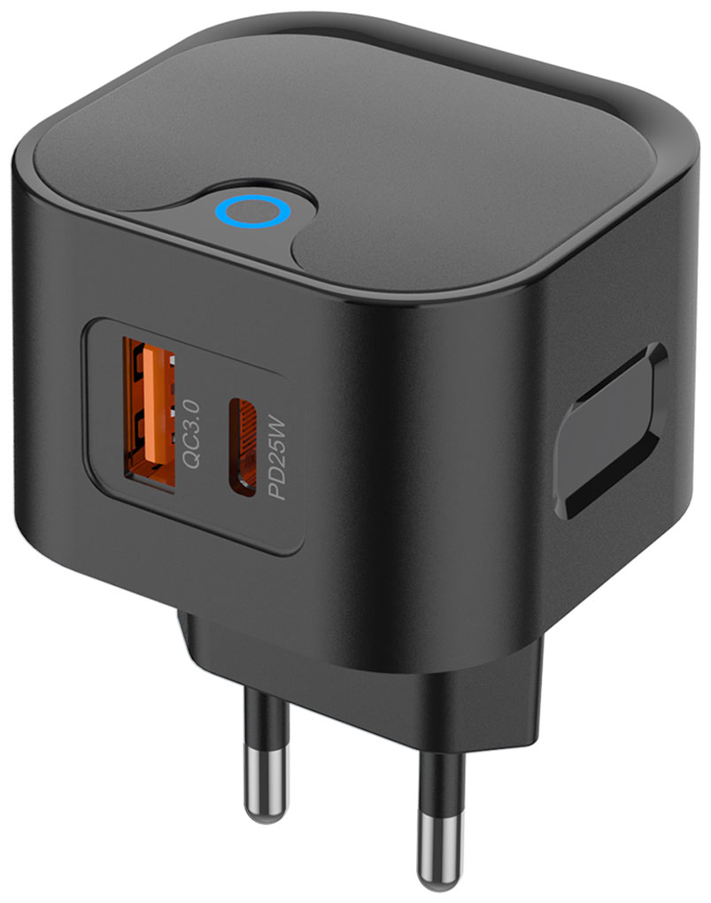Зарядное устройство Pero TC21, USB-A + USB-C PD, 25W, черный (ТС21B)