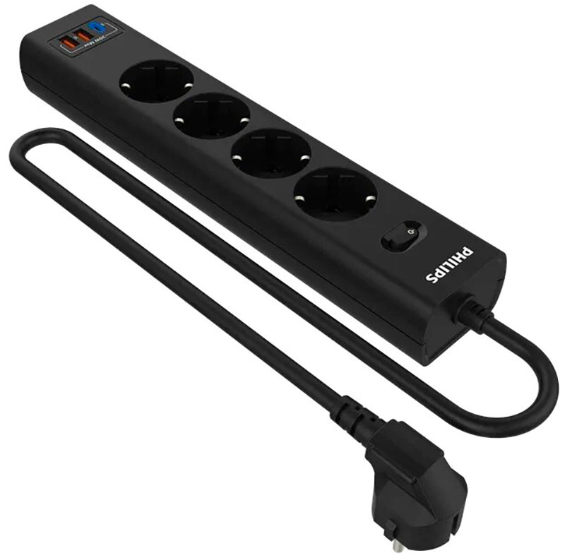Сетевой фильтр Philips 4 розетки с USB (PD/QC3.0 5/9/12В) 20 Вт, кабель - 2 м черный