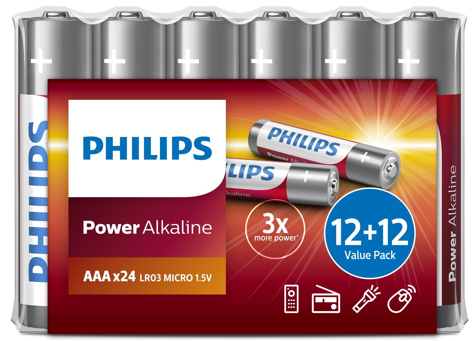 Батарейка Philips Power Alkaline, щелочная, 12+12 ААА, в пленке (LR03P24FV/97)