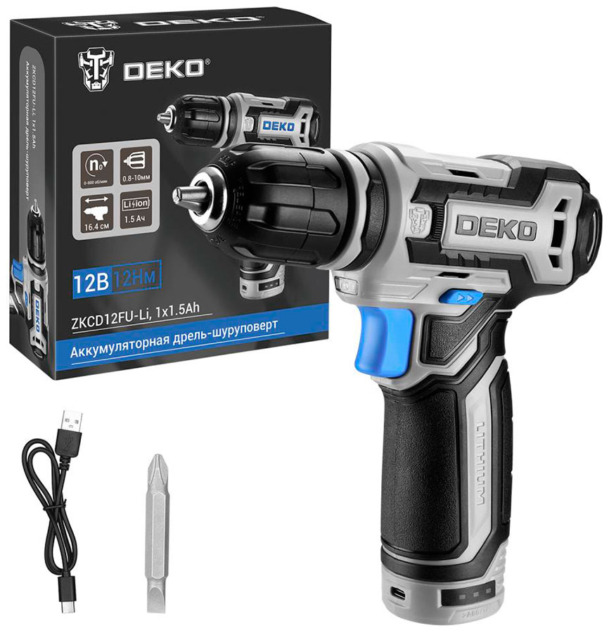 Аккумуляторная дрель-шуруповерт Deko ZKCD12FU-Li 12В 1х1.5Ач черно-синий