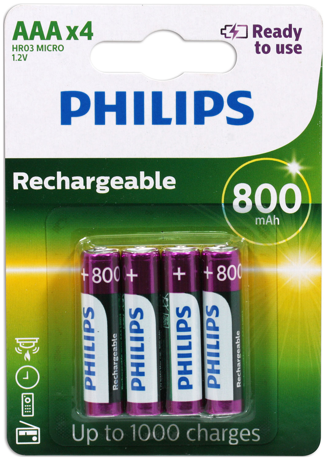 Батарейки аккумуляторные Philips MultiLife-NiMH, 4AAA, 800 мA/ч (R03B4RTU8/97)