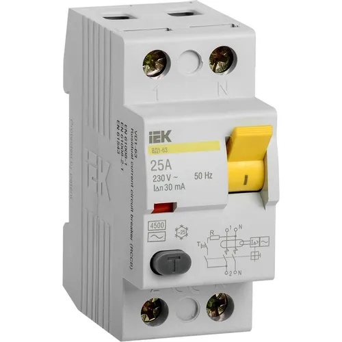 Выключатель дифф. тока (УЗО) IEK ВД1-63 (MDV10-2-025-030) 25A 2П 230В 2 модуля белый (упак.:1шт)