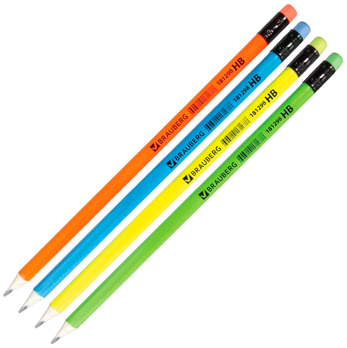 Карандаш чернографитный HB с ластиком Brauberg Neon, выгодный комплект 12 штук, ассорти (880427)