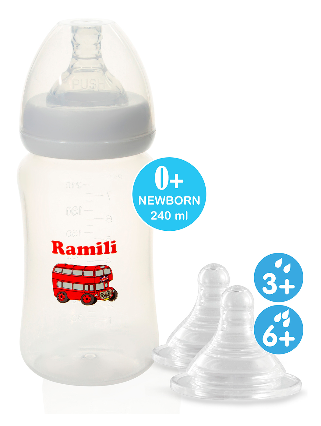 Противоколиковая бутылочка для кормления Ramili Baby, 240 мл, с тремя сосками 0+, 3+ и 6+ (слабый, средний и быстрый поток) (240MLBT100ML)