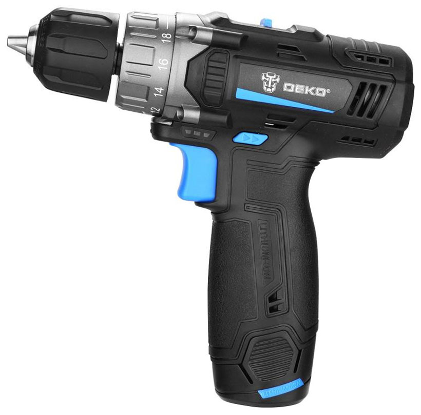 Дрель-шуруповерт  Deko DKCD12V PRO в кейсе + оснастка, черный/синий