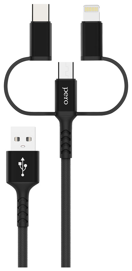 Дата-кабель Pero DC-06 Universal 3 in 1 Lightning/micro USB/Type-C 2А 2м черный