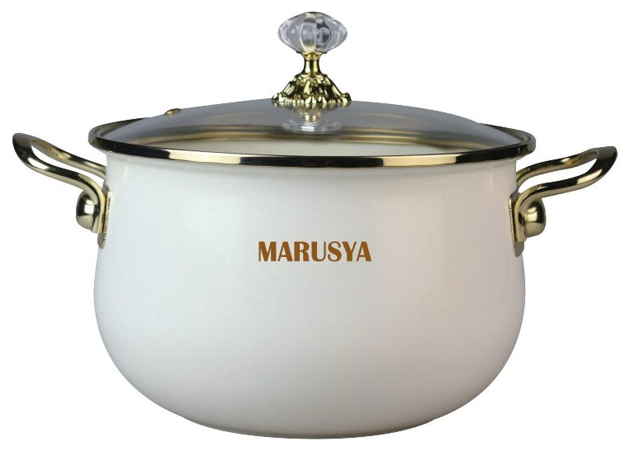 Кастрюля Marusya R-77726 6,5 л, эмалированная, стеклянная крышка, ручка золото, кремовый перламутр