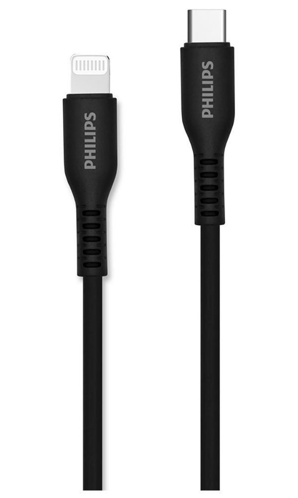 Кабель Philips MFI, USB C - Lightning, 18W, 1.2 м, силиконовый, черный (DLC8631B/74)