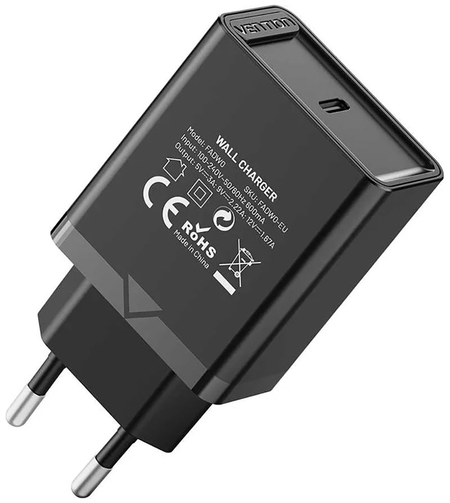 Сетевое зарядное устройство Vention на 1 порт USB C, QC 4.0, черный (FADB0-EU)