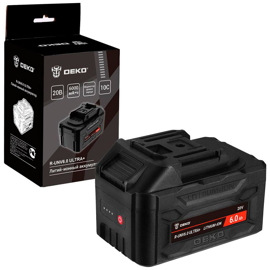 Аккумулятор Deko R-UNV6.0 ULTRA+, Li-ion, 20В, 6.0А*ч, с повышенной токоотдачей, черный