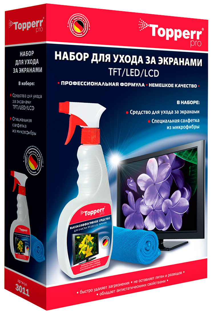 Набор для ухода Topperr за экранами ЖК, LCD и плазмы 2 предмета, средство + салфетка (R) (3011)
