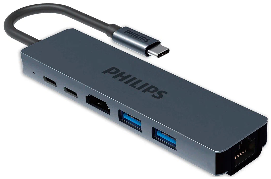 Хаб Philips USB С - HDMI+USB A+USB C+LAN, 6в1, длина кабеля 10см