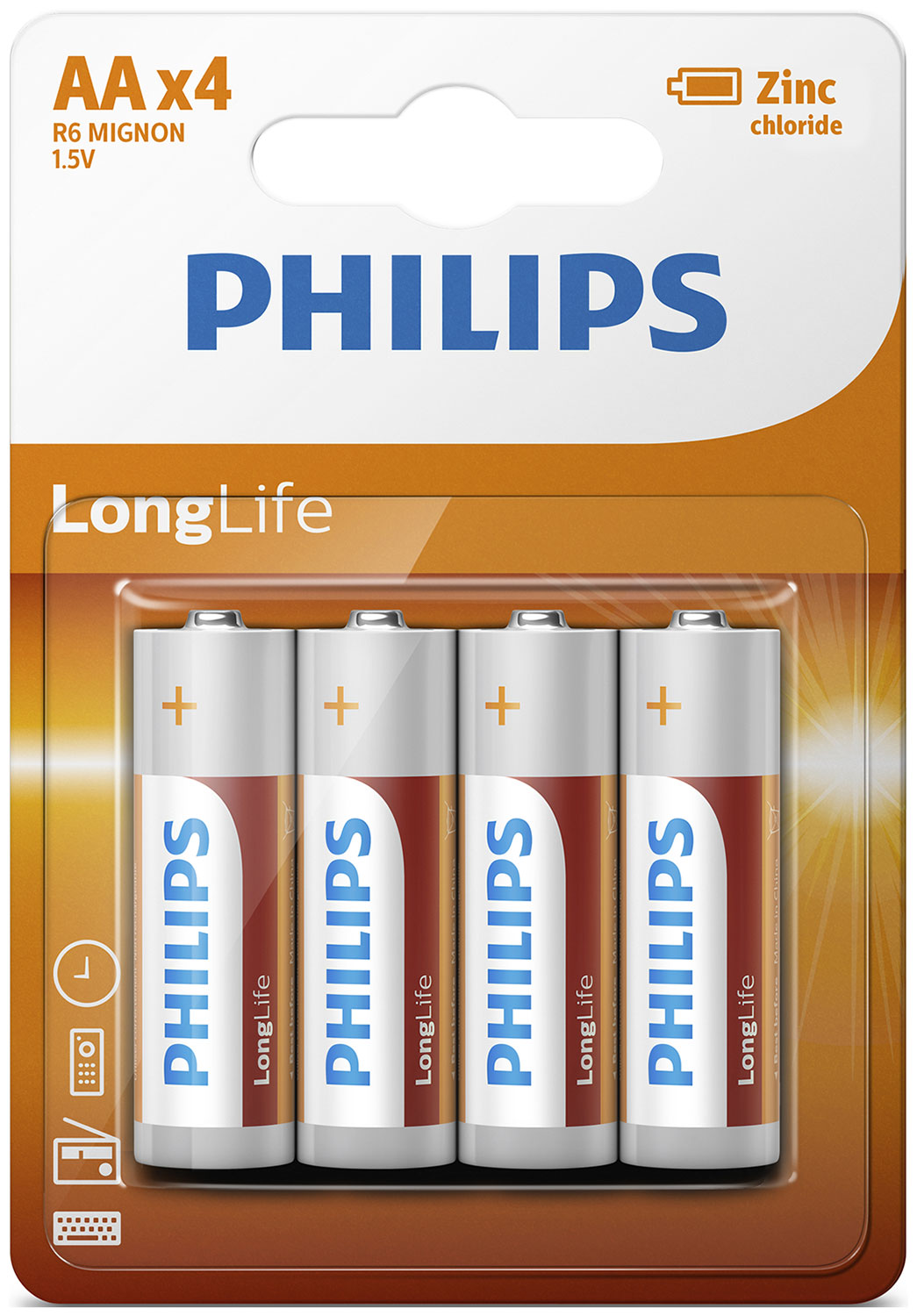 Батарейки цинково-хлоридные Philips Longlife, 4AA, в блистере (R6L4B/97)