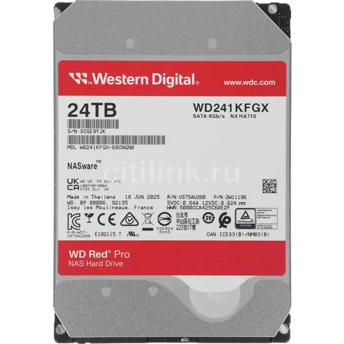 Жесткий диск WD Red Pro WD241KFGX, 24ТБ, HDD, SATA III, 3.5"