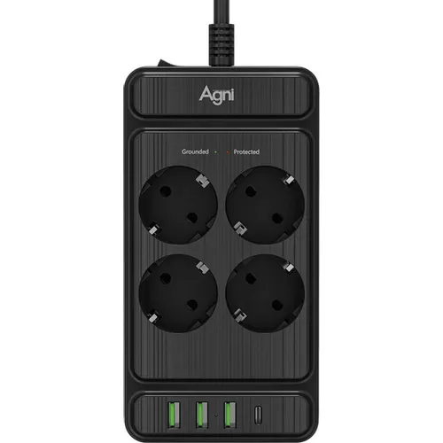 Сетевой фильтр AGNI TP-FS4U4E-PD, 3м, черный [tp-fs4u4e-pd-3m-black]