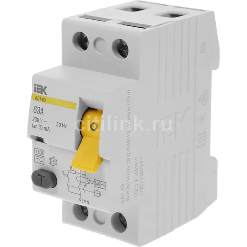 Выключатель дифф. тока (УЗО) IEK ВД1-63 (MDV10-2-063-030) 63A 2П 230В 2 модуля белый (упак.:1шт)