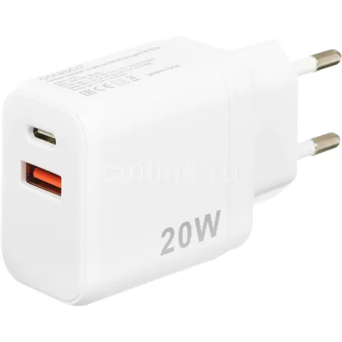 Сетевое зарядное устройство BORASCO USB-A, USB-C, 20Вт, 3A, белый [38254]