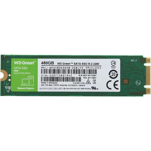 SSD накопитель WD Green WDS480G3G0B 480ГБ, M.2 2280, SATA III, NVMe, M.2