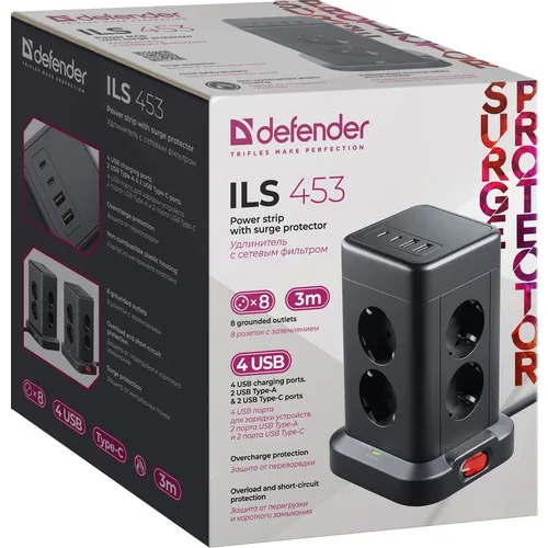 Сетевой фильтр Defender ILS 453, 3м, черный [99631]