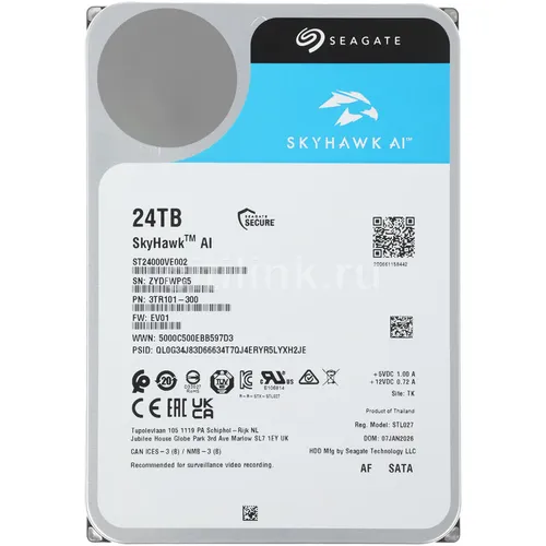 Жесткий диск Seagate SkyHawkAI ST24000VE002, 24ТБ, HDD, SATA III, 3.5"
