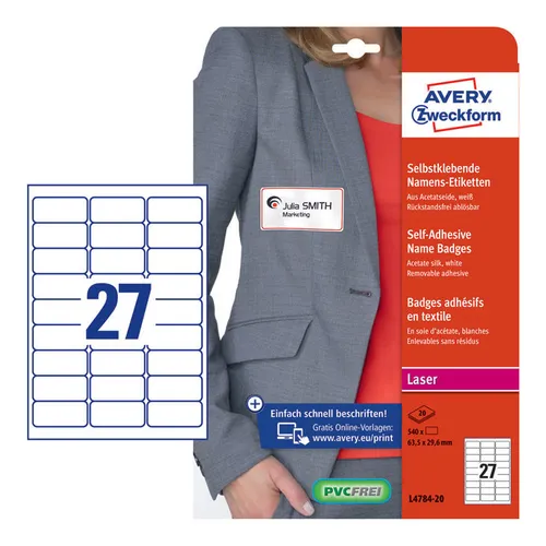 Этикетки Avery Zweckform L4784-20, для лазерной печати, 20л, 120г/м2, белый, 63.5мм х 29.6мм, 27шт, фактура ацетатный шелк