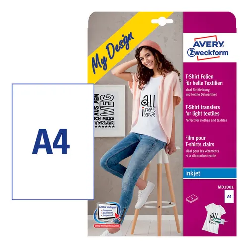 Термотрансфер Avery Zweckform MD1001, A4, для струйной печати, 5л, белый, покрытие матовое
