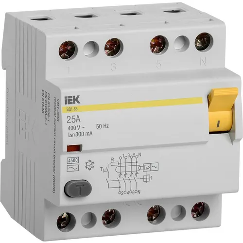 Выключатель дифф. тока (УЗО) IEK ВД1-63 (MDV10-4-025-300) 25A 4П 400В 4 модуля белый (упак.:1шт)