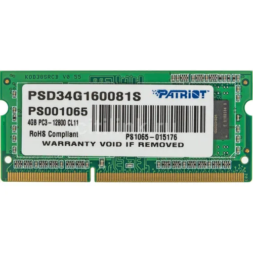 Оперативная память Patriot PSD34G160081S DDR3 - 1x 4ГБ 1600МГц, для ноутбуков (SO-DIMM), Ret