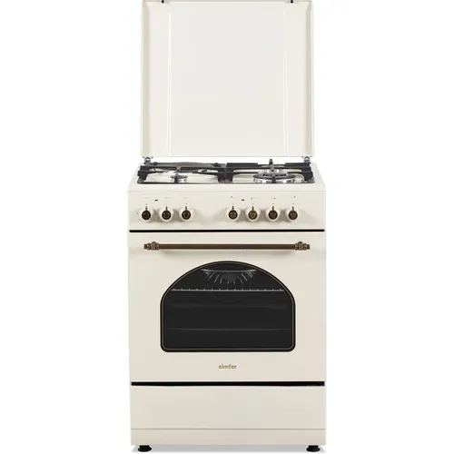 Газовая плита Simfer F66MO36015, электрическая духовка, металлическая крышка, чугун, слоновая кость