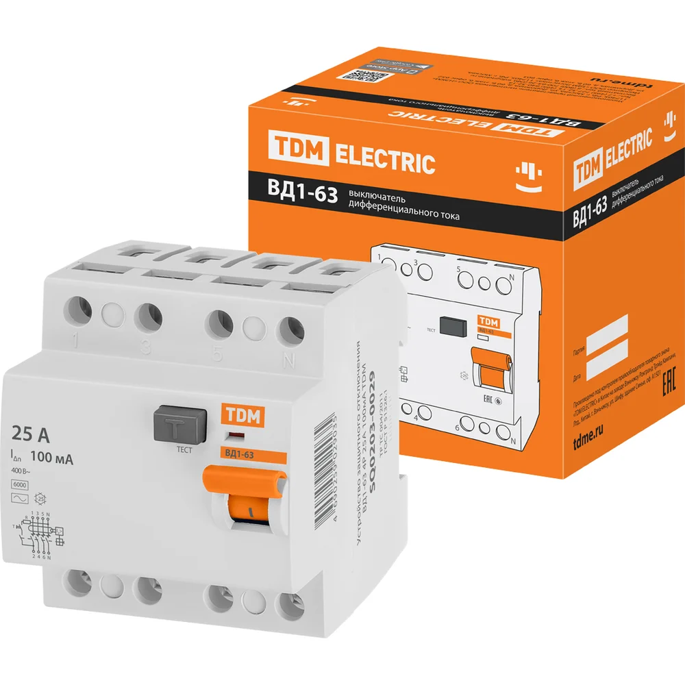 Узо TDM ELECTRIC ВД1-63 4Р, 25 А, 100 мА SQ0203-0029