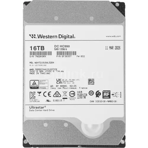 Жесткий диск WD Ultrastar DC HC550 WUH721816AL5204, 16ТБ, HDD, SAS 3.0, 3.5" [0f38357]