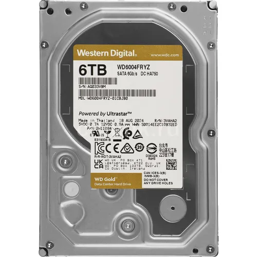 Жесткий диск WD Gold WD6004FRYZ, 6ТБ, HDD, SATA III, 3.5"