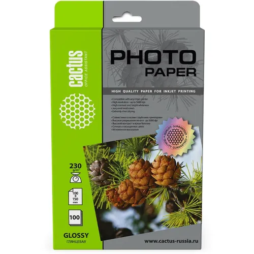 Фотобумага Cactus CS-GA6230100, A6, для струйной печати, 100л, 230г/м2, белый, покрытие глянцевое
