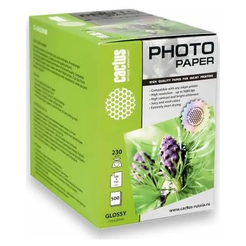 Фотобумага Cactus CS-GA6230500, A6, для струйной печати, 500л, 230г/м2, белый, покрытие глянцевое