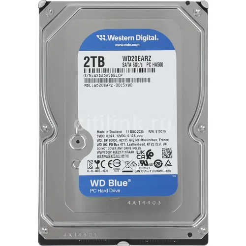 Жесткий диск WD Blue WD20EARZ, 2ТБ, HDD, SATA III, 3.5"