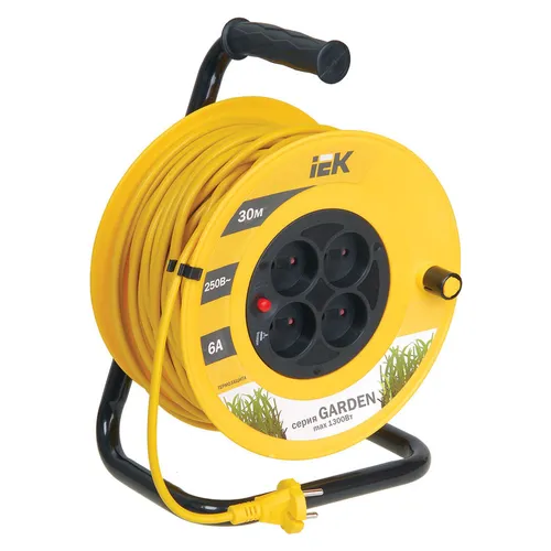 Удлинитель силовой IEK Garden, розеток 4шт, 2x0.75 кв.мм, 6A, 30м, ПВС, катушка, желтый [wkp23-06-04-30]