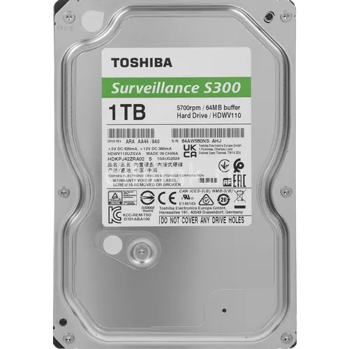 Жесткий диск Toshiba S300 HDWV110UZSVA, 1ТБ, HDD, SATA III, 3.5"