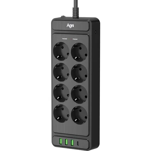 Сетевой фильтр AGNI TP-FS4U8E-PD, 2м, черный [tp-fs4u8e-pd-2m-black]